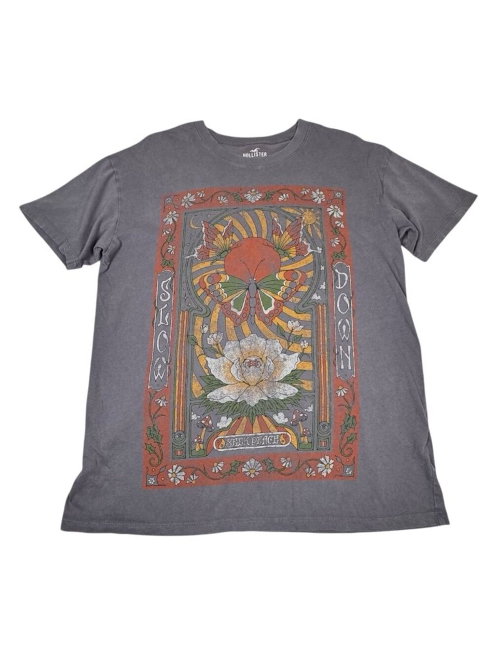 Hollister Oversized Vintage Style Graphic T-Shirt Sz XS Spell Out Hippie Retro